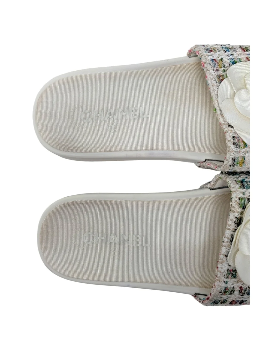 Chanel Camellia Tweed CC Logo Slide Rainbow White Rubber Pool Sandal 38 | 7.5 - Picture 8 of 13